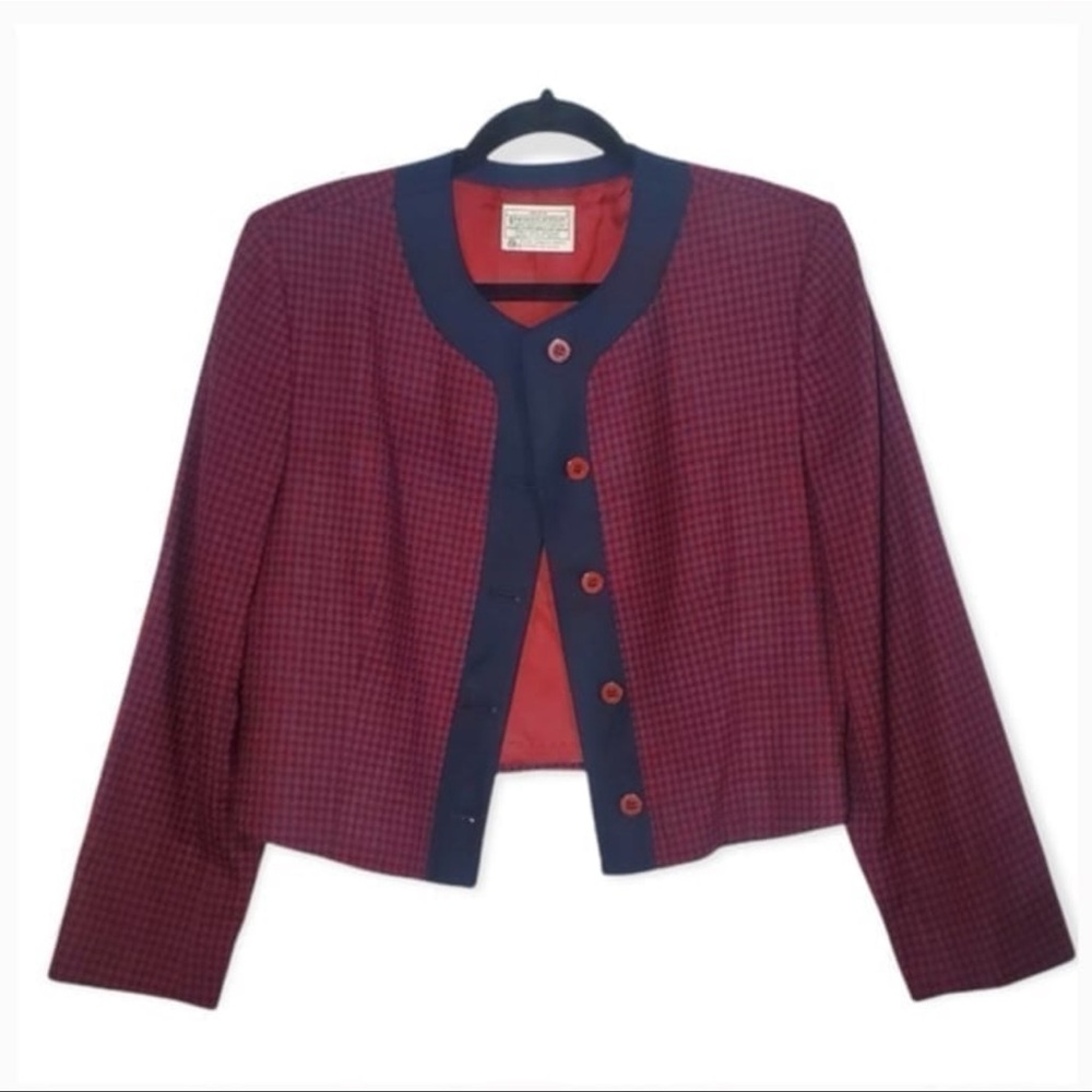 Pendleton Vintage Virgin Wool Houndstooth Blazer Checkered Coat Jacket Maroon 14